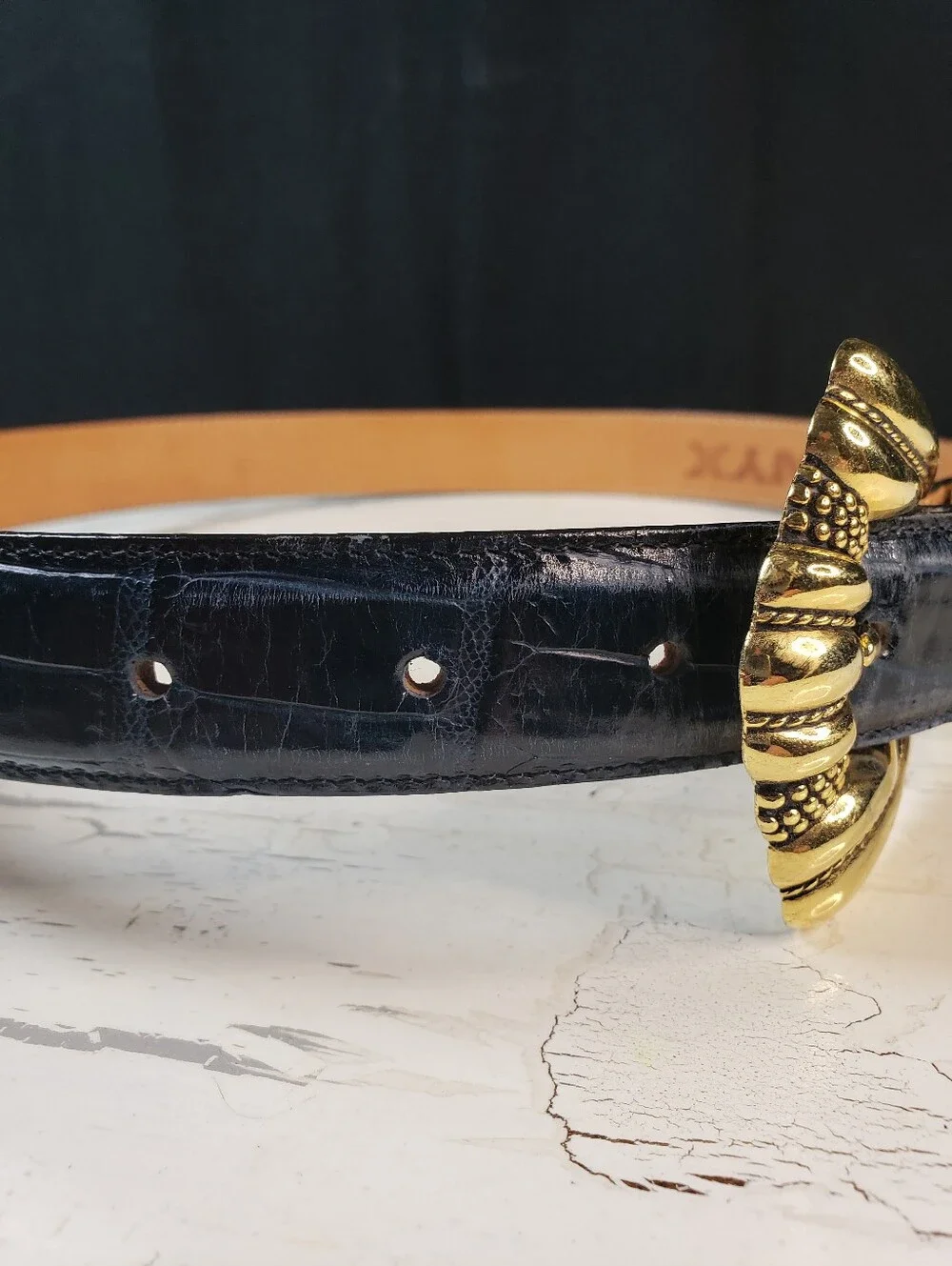 Onyx Embossed Crocodile Belt on Genuine Leather in Dark Navy - Women's size 30